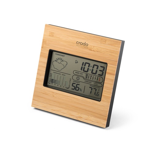 Station météo numérique en bois affichant 10h03