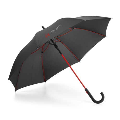 Parapluie noir avec armature rouge et poignée courbée