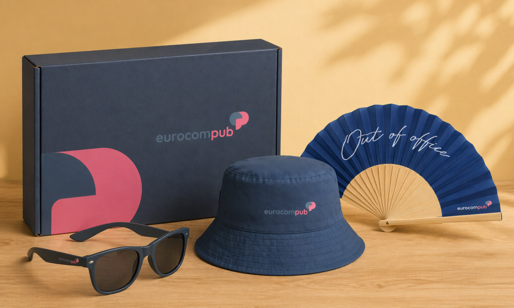 Objets promotionnels eurocom pub : chapeau, lunettes, éventail