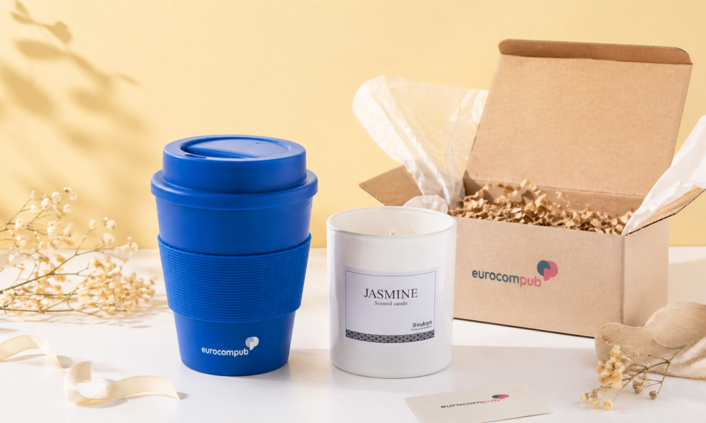 Mug réutilisable bleu et bougie jasmin personnalisés