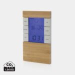 Station météo numérique en bois avec écran bleu