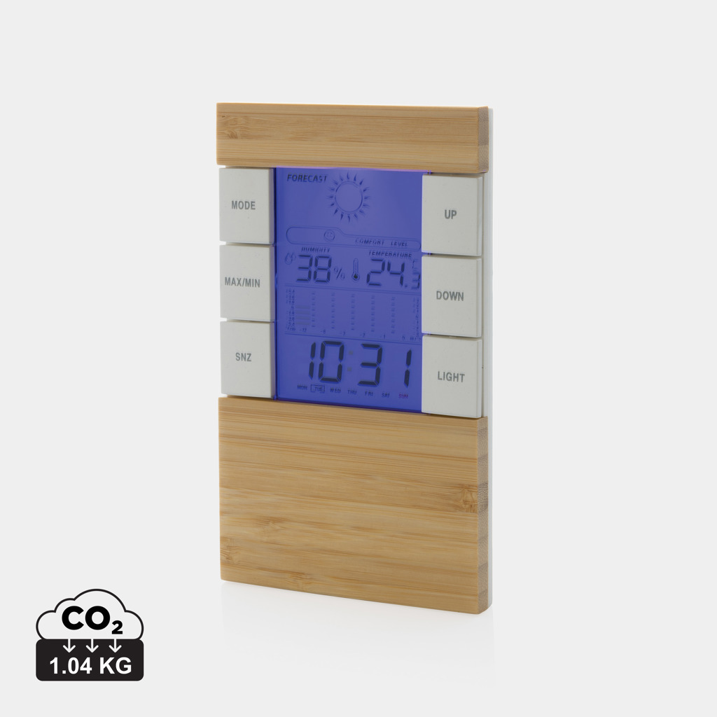 Station météo numérique en bois avec écran bleu