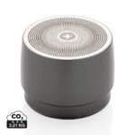 Petit haut-parleur cylindrique gris avec grille perforée