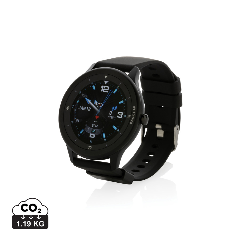 Montre connectée noire avec écran circulaire allumé