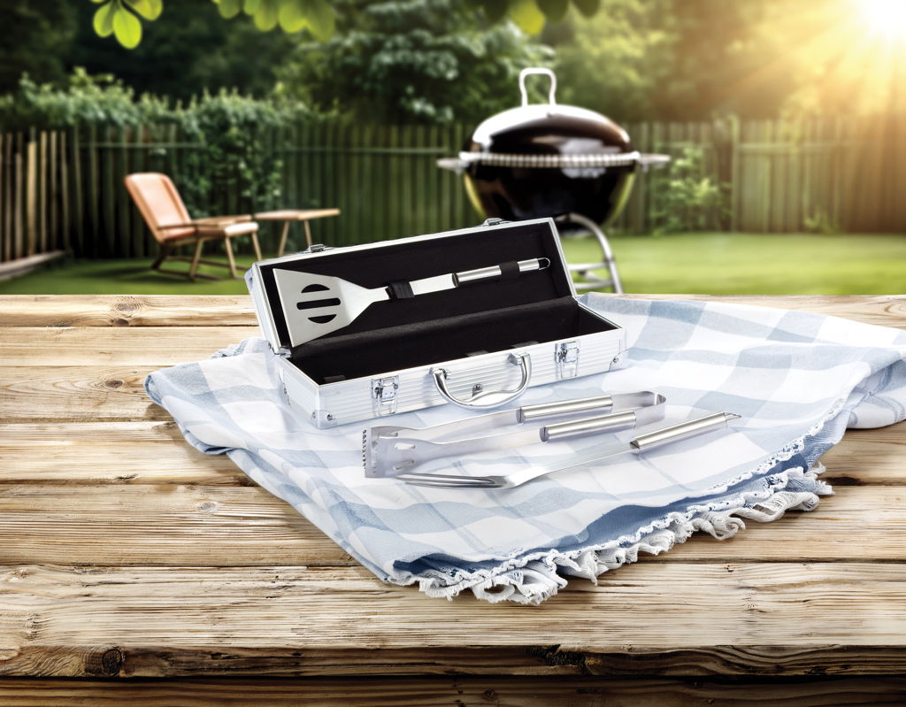 Set d’ustensiles de barbecue sur table extérieure