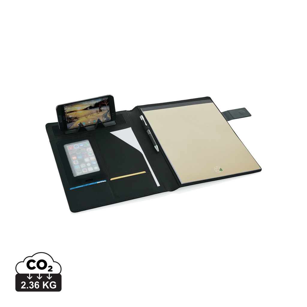 Porte-documents noir avec bloc-notes et support smartphone