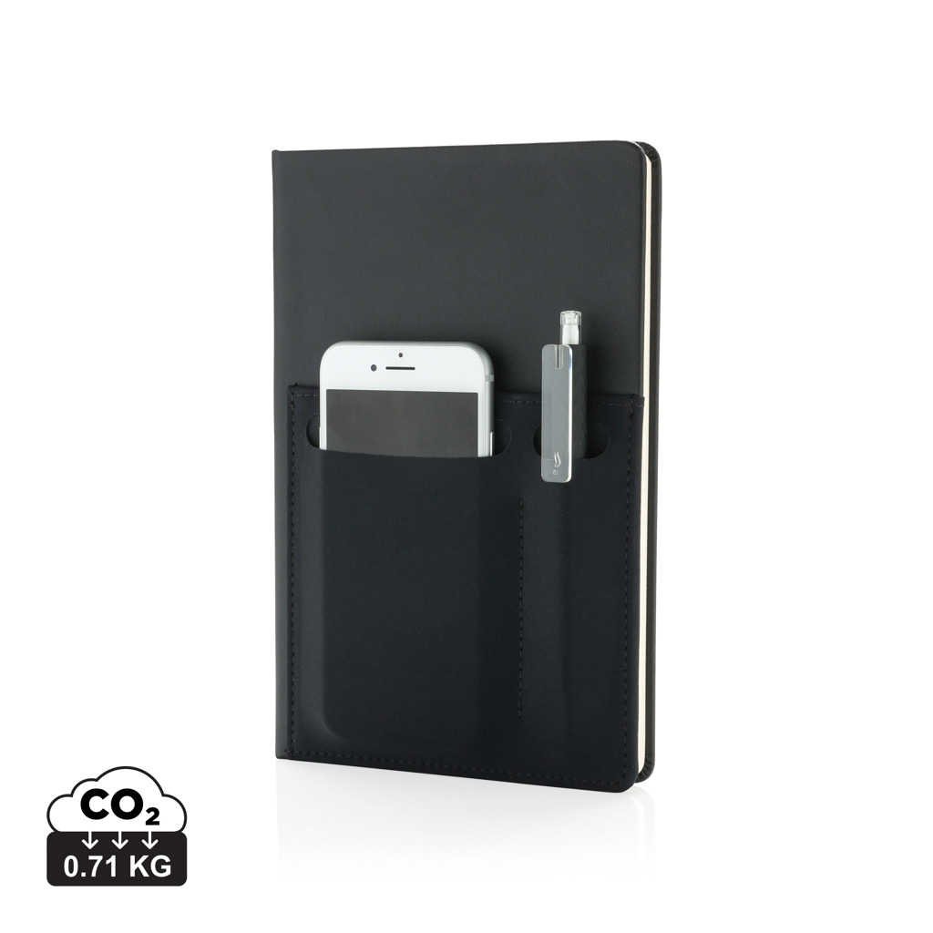 Carnet noir avec poche smartphone et stylo