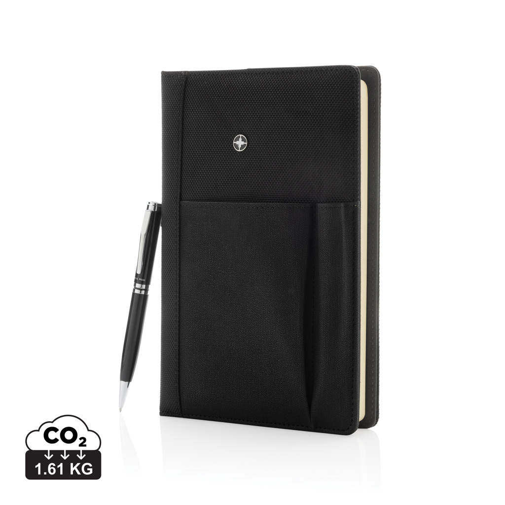 Carnet noir avec stylo et indicateur CO2