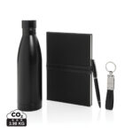 Bouteille, carnet, stylo et porte-clés noirs