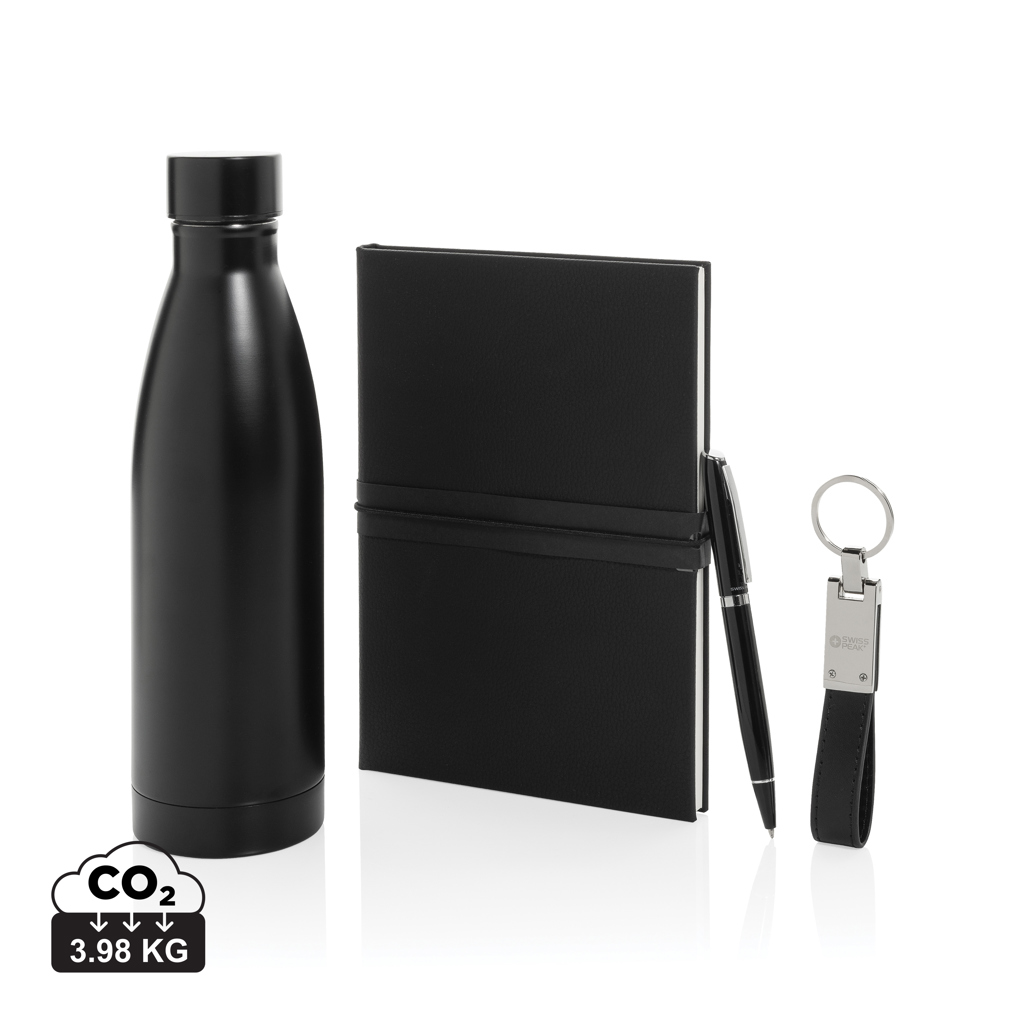 Bouteille, carnet, stylo et porte-clés noirs