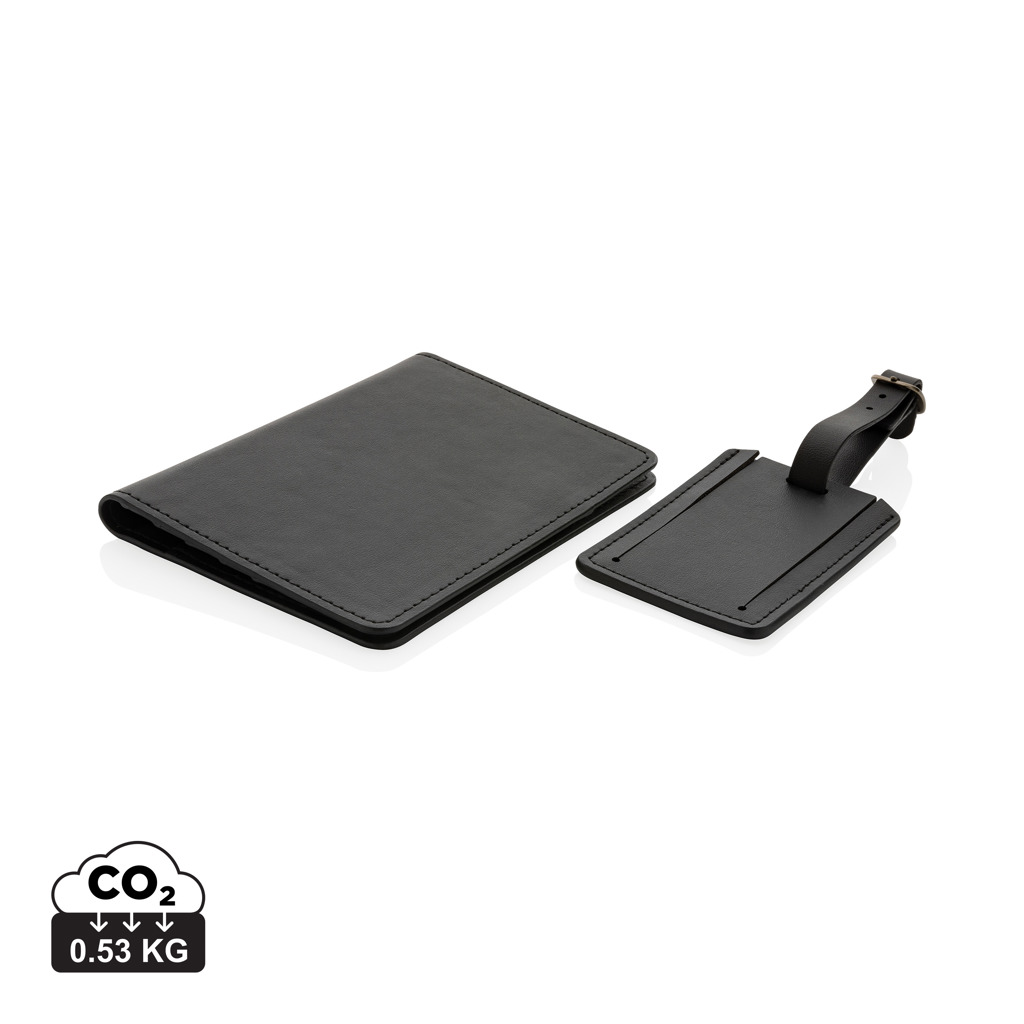Portefeuille et étiquette bagage en cuir noir