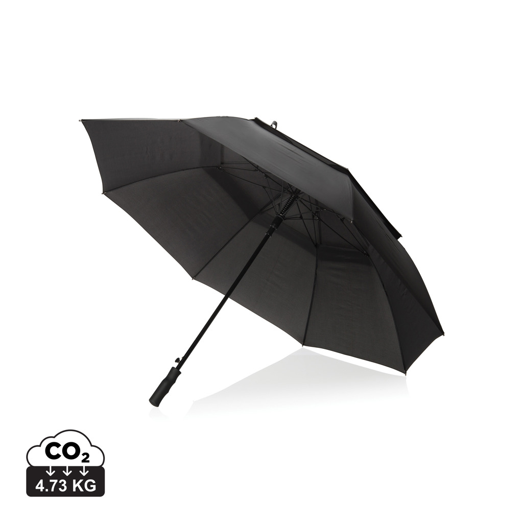 Parapluie noir ouvert sur fond blanc