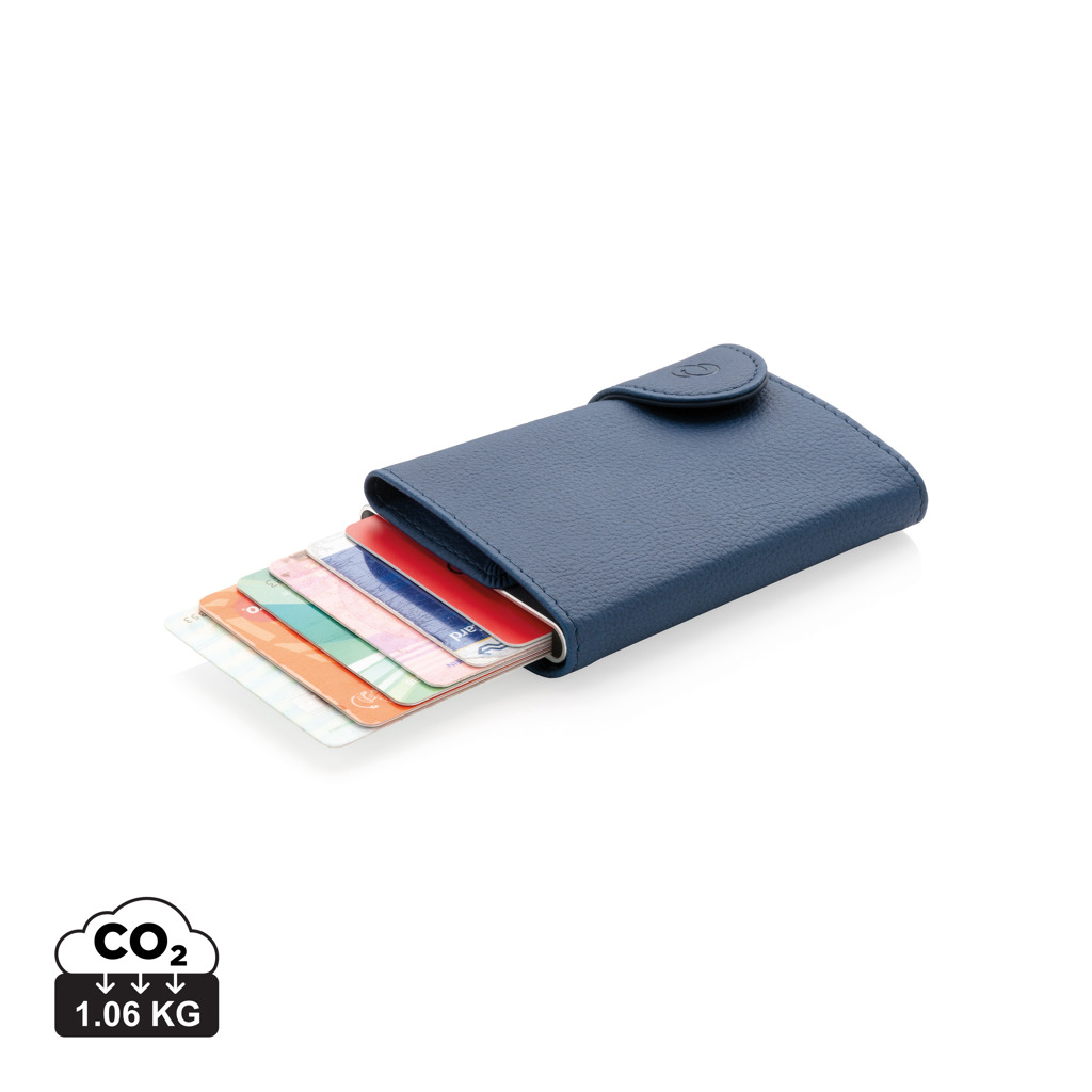 Porte-cartes bleu avec cartes bancaires visibles