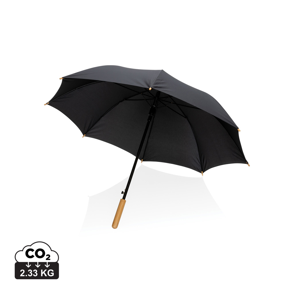 Parapluie noir ouvert avec manche en bois