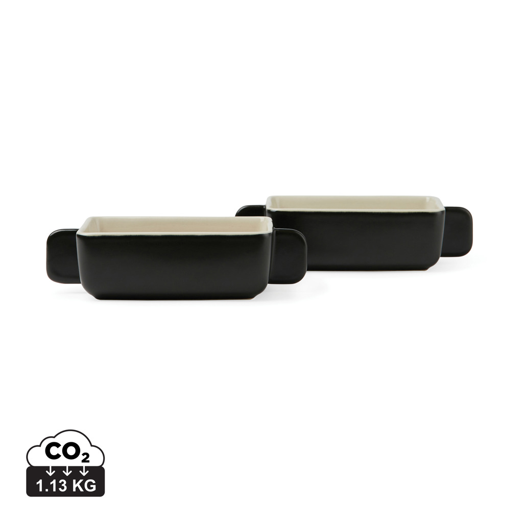 Deux plats rectangulaires noirs avec poignées latérales