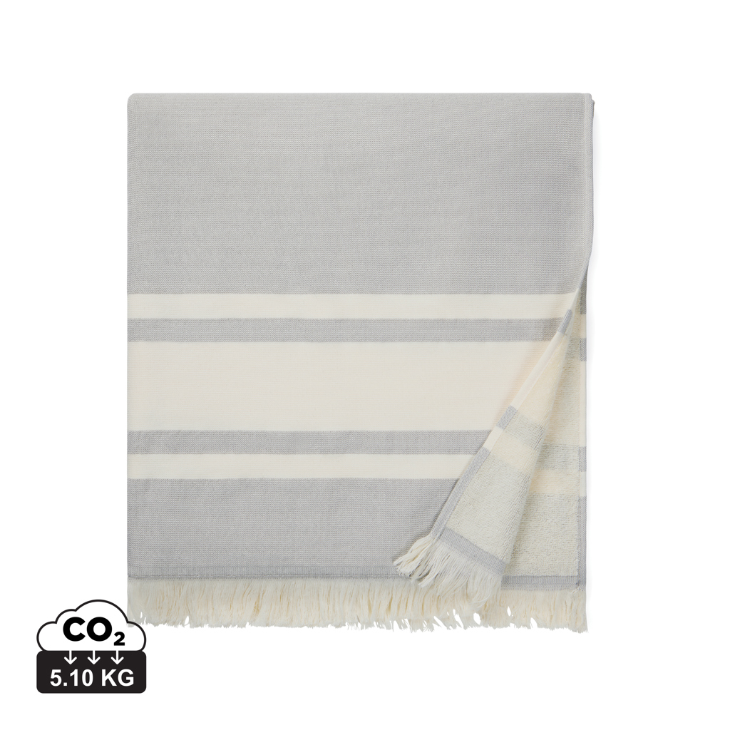 Plaid rayé gris et crème à franges