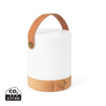 Lampe portable blanche avec base en bois