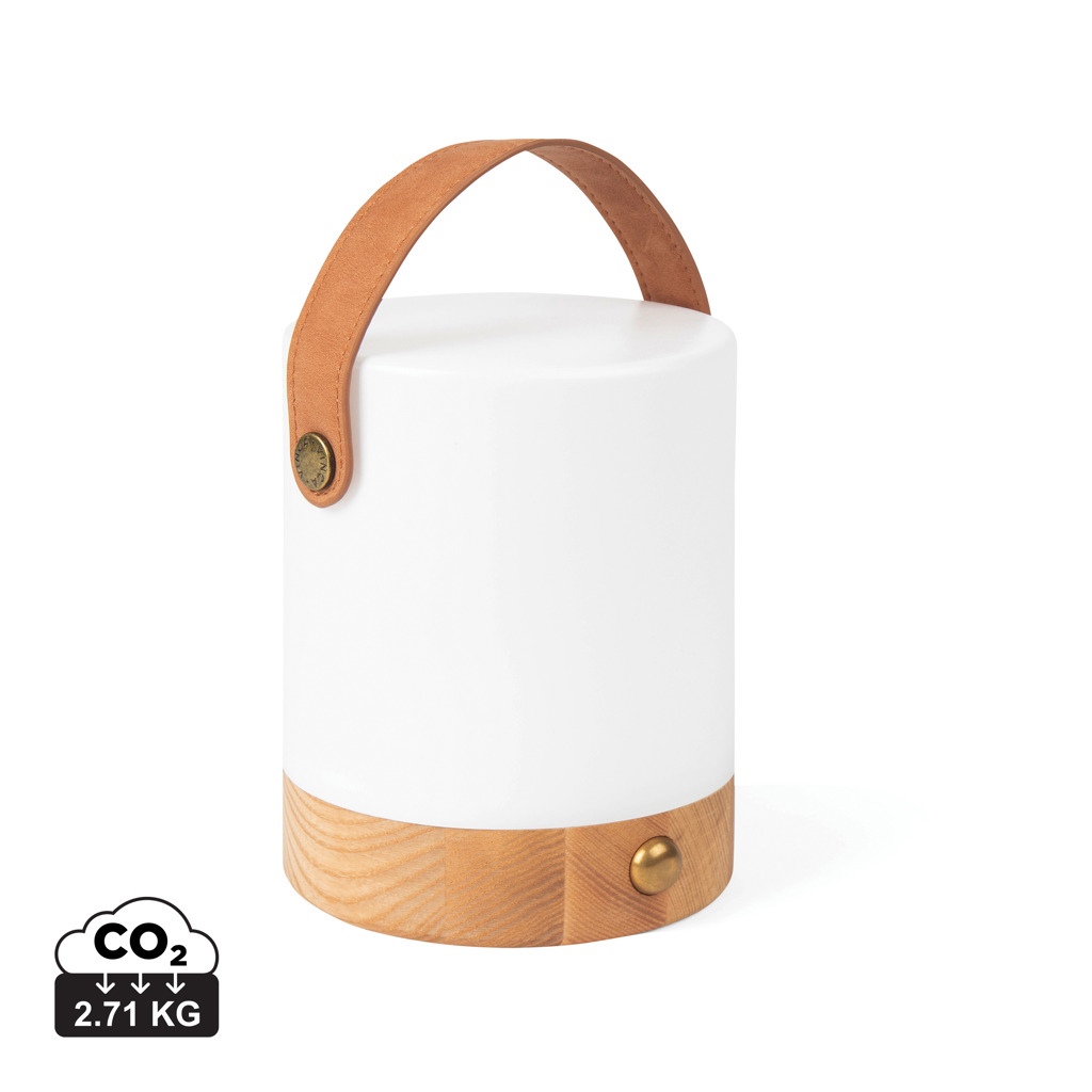Lampe portable blanche avec base en bois