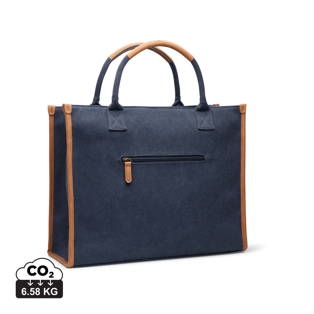 Sac cabas bleu en toile avec finitions cuir