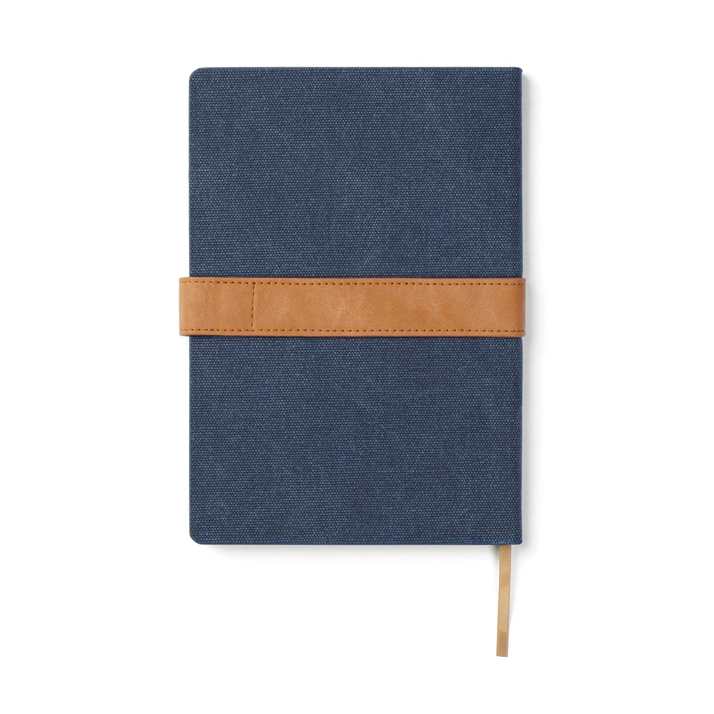Carnet bleu avec sangle en cuir marron