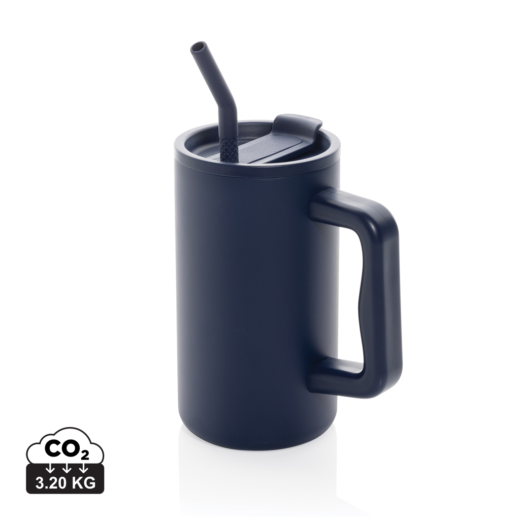 Mug isotherme bleu avec poignée et paille