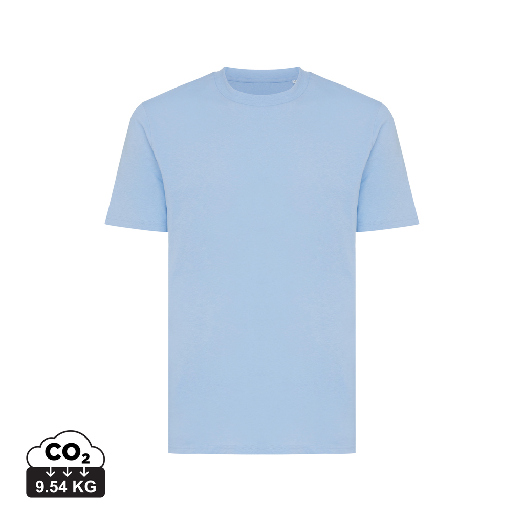T-shirt bleu clair avec empreinte carbone affichée