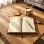 Agenda ouvert, café et stylo sur table en bois