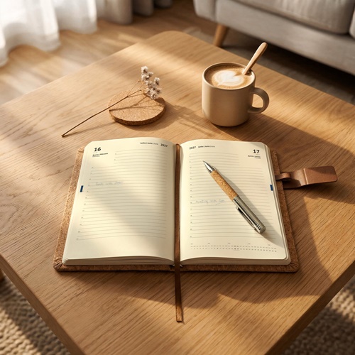 Agenda ouvert, café et stylo sur table en bois