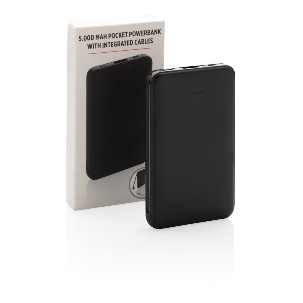 Batterie externe noire 5000 mAh avec câbles intégrés