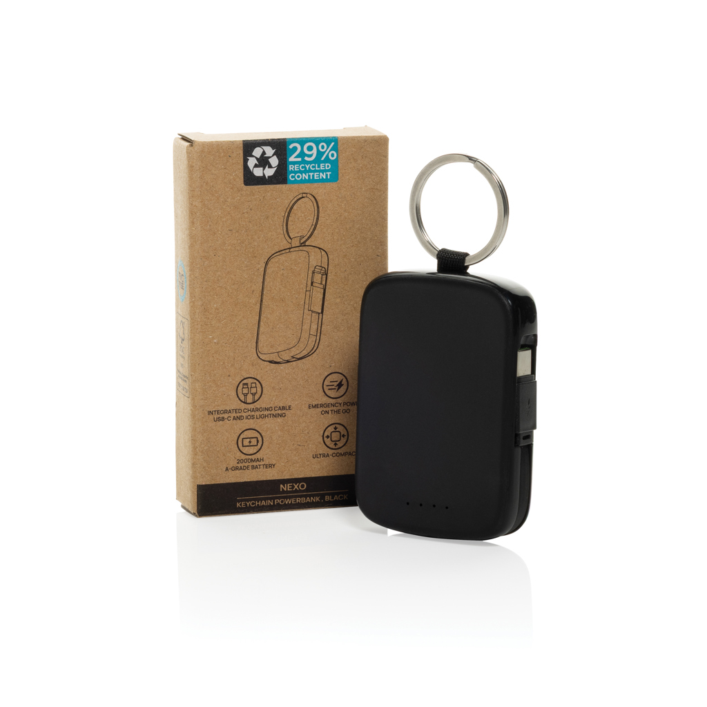 Batterie externe porte-clés noire avec emballage recyclé