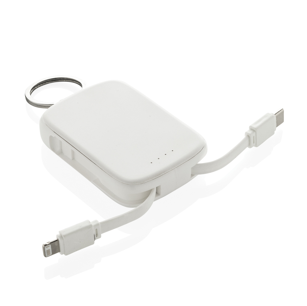 Batterie externe blanche avec câbles intégrés et porte-clés