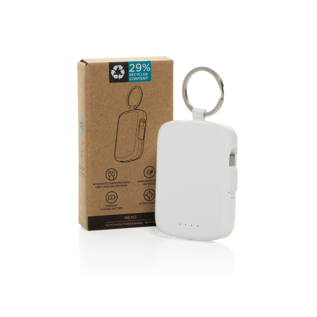Batterie externe porte-clés blanche avec emballage recyclé