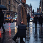 Homme élégant marchant sous la pluie en ville