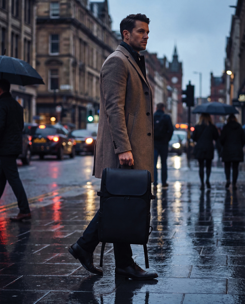 Homme élégant marchant sous la pluie en ville