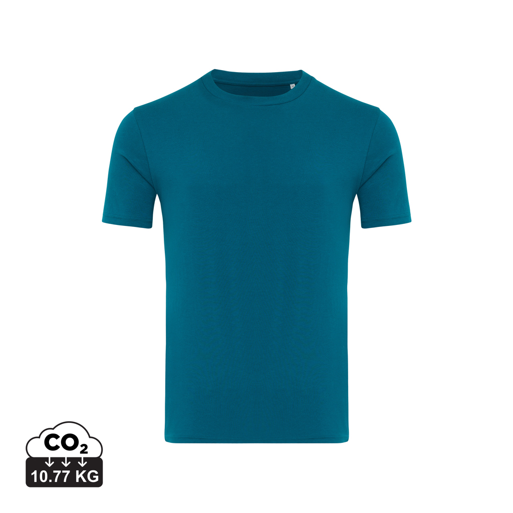 T-shirt bleu canard avec empreinte carbone affichée