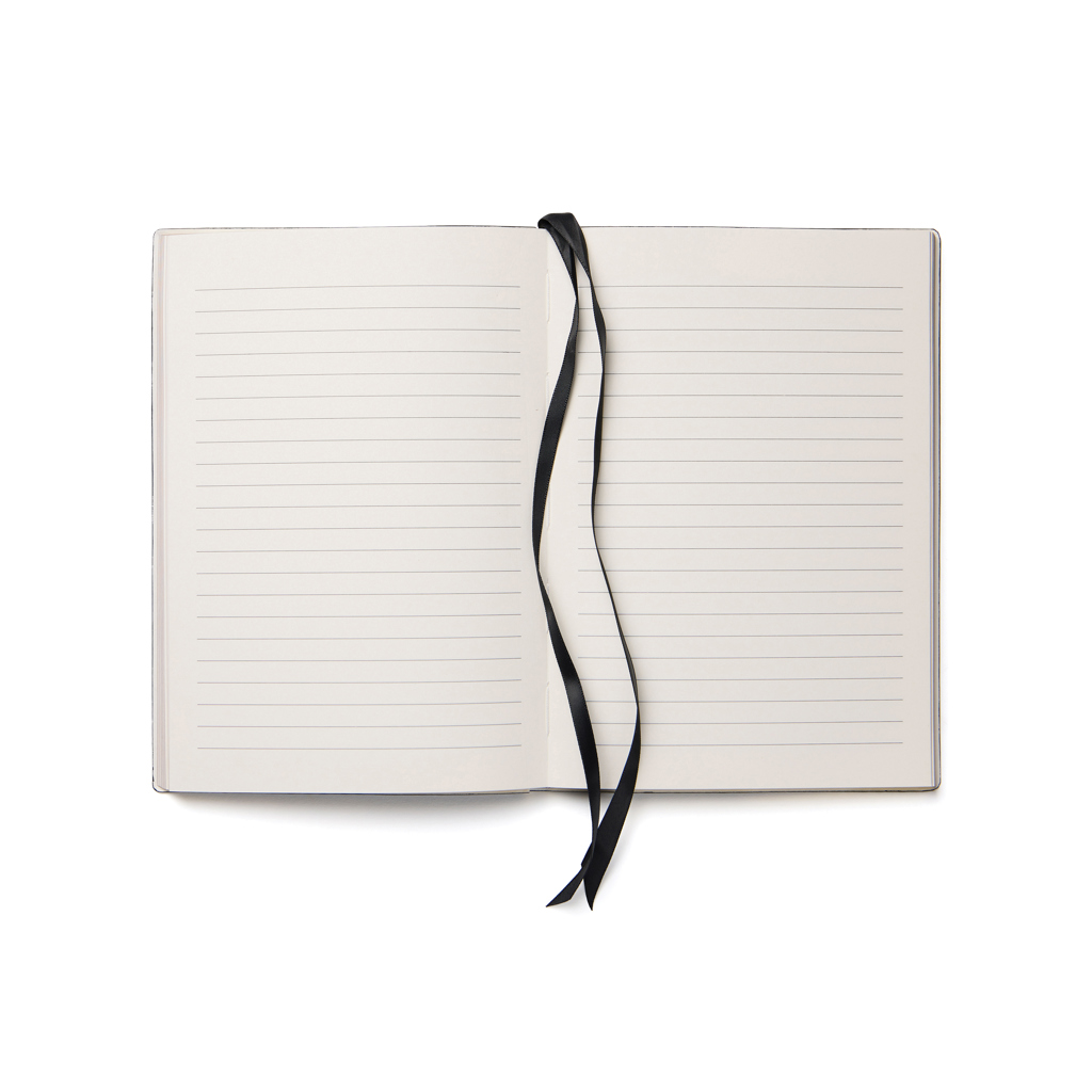 Carnet ouvert aux pages lignées avec ruban noir